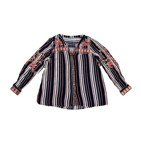 Womens Striped Floral Embroidered Boho Blouse Top Tunic Western Boho Preppy L - Picture 1 of 9